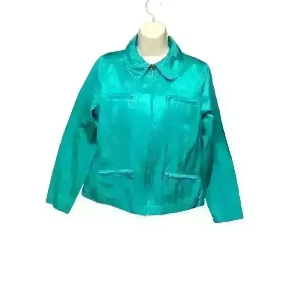 TanJay Emerald Green Crinkle Satin Block Zip Front Jacket Size 8